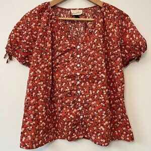 Micro Floral Baby Doll Short Sleeve Orange Shirt - Size Small